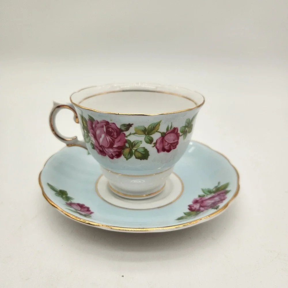 Colclough Bone China Teacup and Saucer Set Pink Roses Light Blue Made in England